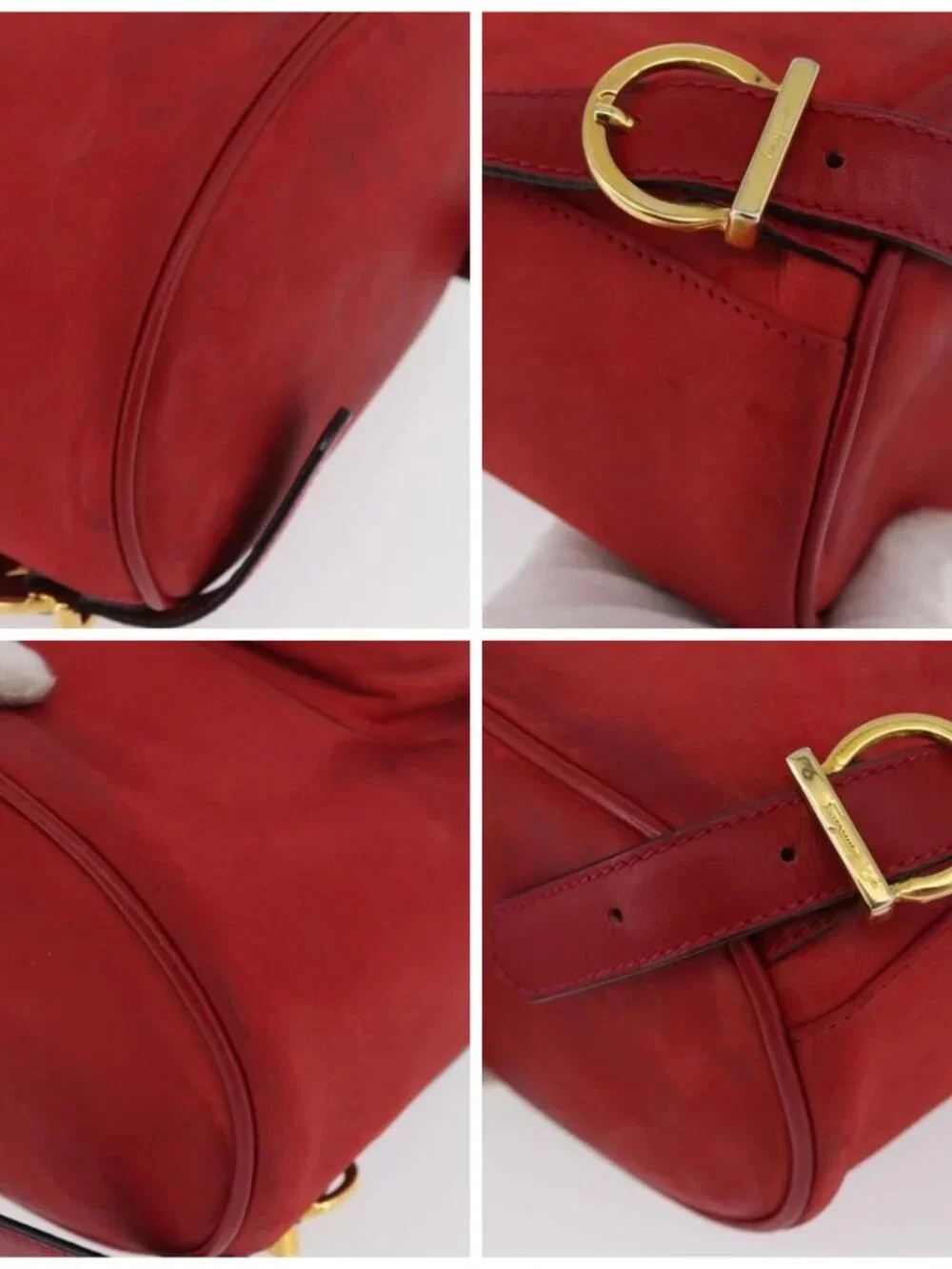 Salvatore Ferragamo Vala Backpack Suede Red Gold Auth BA11218